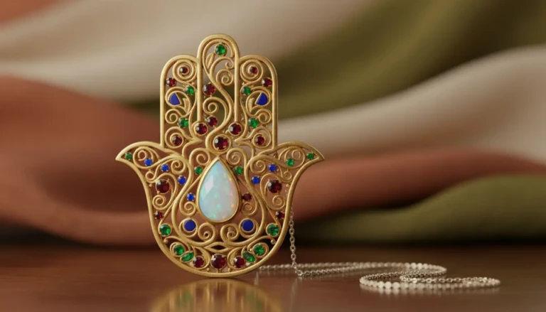 a beautifully designed hamsa hand jewelry piece showcasing intricate details such as filigree