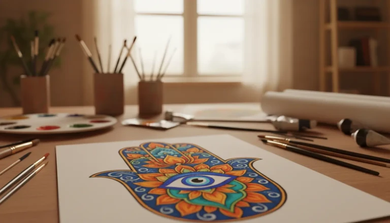 a beautifully detailed hamsa hand illustration gracefully positioned in the foreground adorned