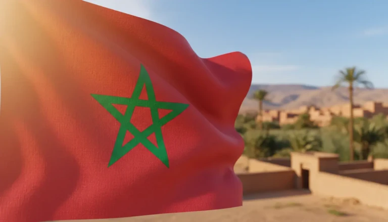 a close up of the moroccan flag prominently featuring the red background with a bold green