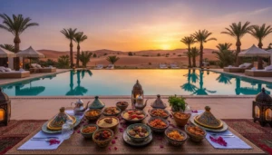 a luxurious moroccan vacation scene showcasing a lavish desert resort in the foreground a