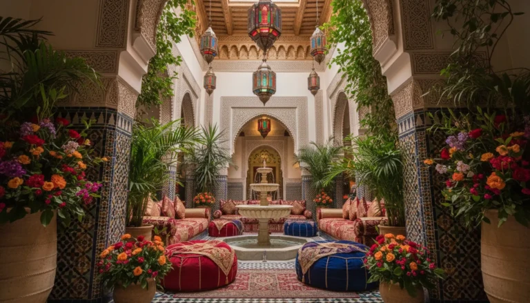 a luxurious riad in morocco featuring intricate tile work and ornate archways in the