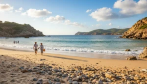 a stunning moroccan mediterranean beach scene featuring soft golden sand