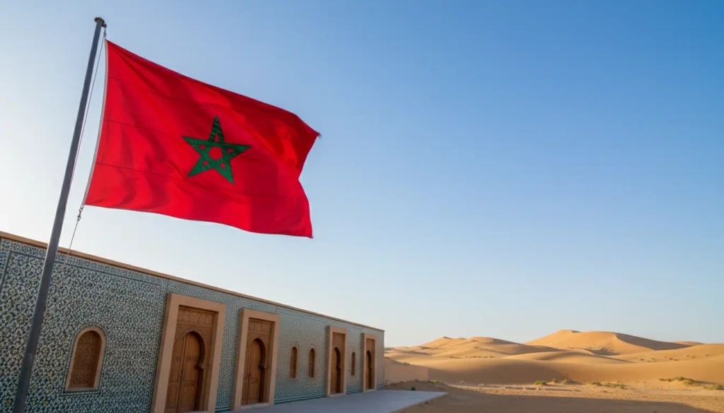 a vibrant scene showcasing the morocco flag flying high against a bright blue sky in the