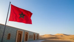 a vibrant scene showcasing the morocco flag flying high against a bright blue sky in the