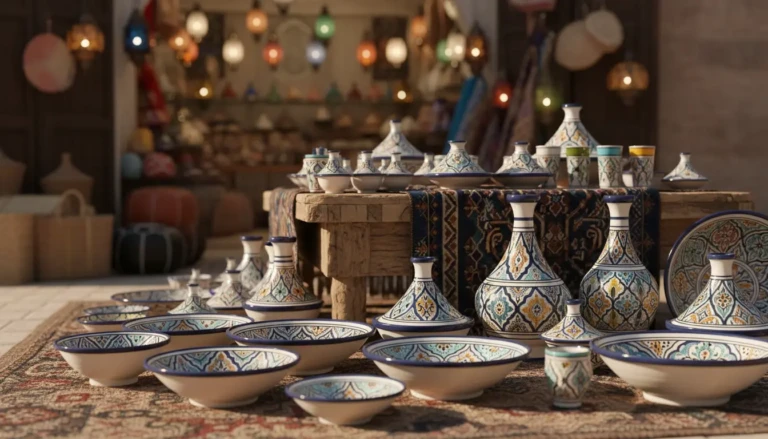 authentic moroccan pottery displayed online in an inviting well lit setting in the foreground