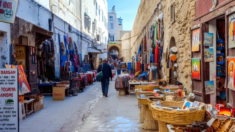 street market scene in essaouira morocco showcasing colorful stalls